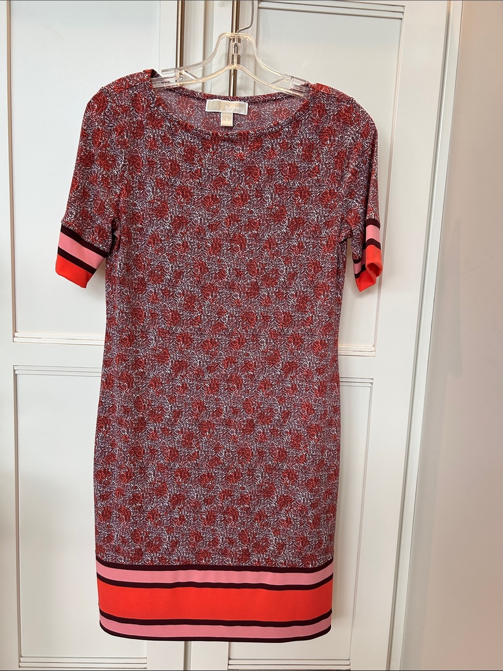 Michael Kors orange Patterned Short-Sleeve Dress with Pink, brown, orange trim.